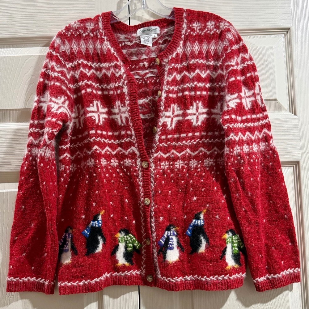 VTG Coldwater Red Ugly Xmas Christmas Penguin Fair Isle Cardigan Sweater Sz L